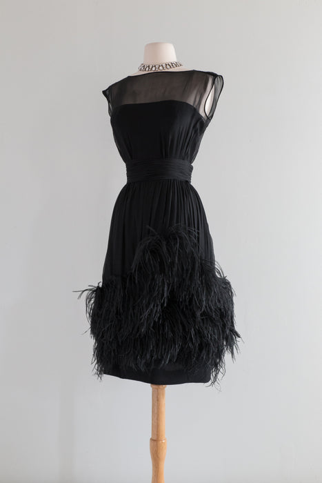 Ultra Fab 1960's Ceil Chapman Silk Chiffon Cocktail Dress With Ostrich Feathers / Small