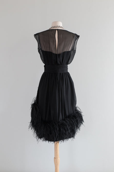 Ultra Fab 1960's Ceil Chapman Silk Chiffon Cocktail Dress With Ostrich Feathers / Small