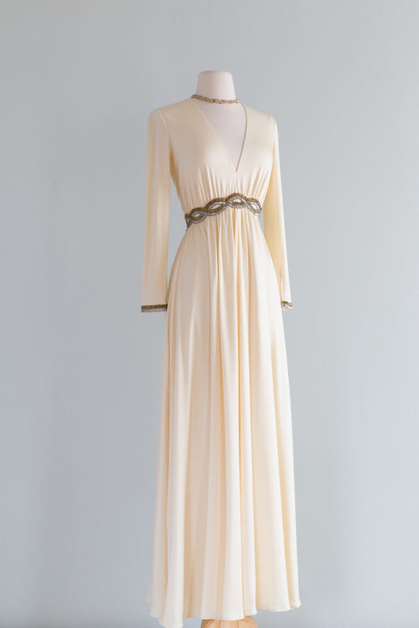 Glamorous 1970s Ivory Goddess Gown With Beading / Small