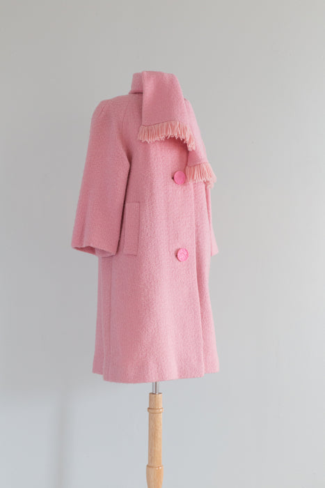 Fabulous 1960's Bubble Gum Pink Spring Coat With Scarf / Medium