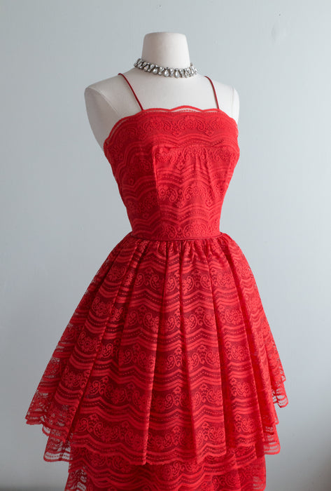 Spectacular 1950's Crimson Lace Cocktail Dress / XS