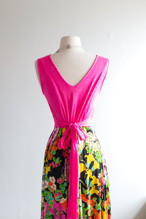 HOT 1970's Neon Pink Plunging Neckline Acid Floral Dress / Medium