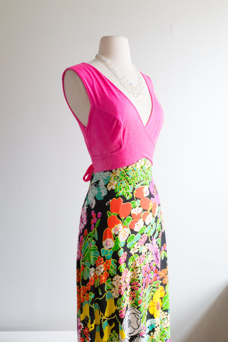 HOT 1970's Neon Pink Plunging Neckline Acid Floral Dress / Medium