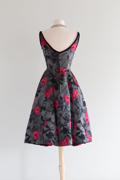 Divine 1950's Silk Couture Rose Print Cocktail Dress / Small