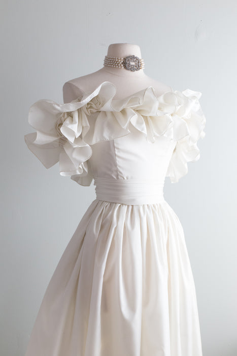Dreamy Vintage Wedding Gown With Rosette Ruffle Neckline / Small