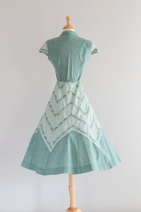 Beautiful 1950's Doris Dodson Spearmint Embroidered Cotton Day Dress / Small