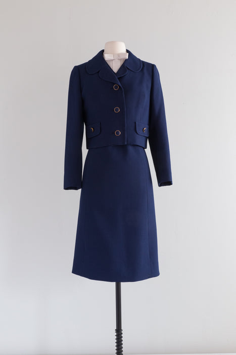 Darling 1960's Navy Blue Dress & Jacket Set By Robert Leonard / ML