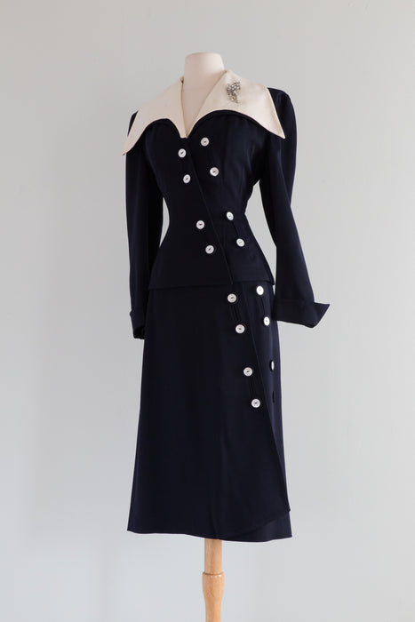 Divine 1950's Lilli Ann Gabardine Suit With Pique Collar / SM