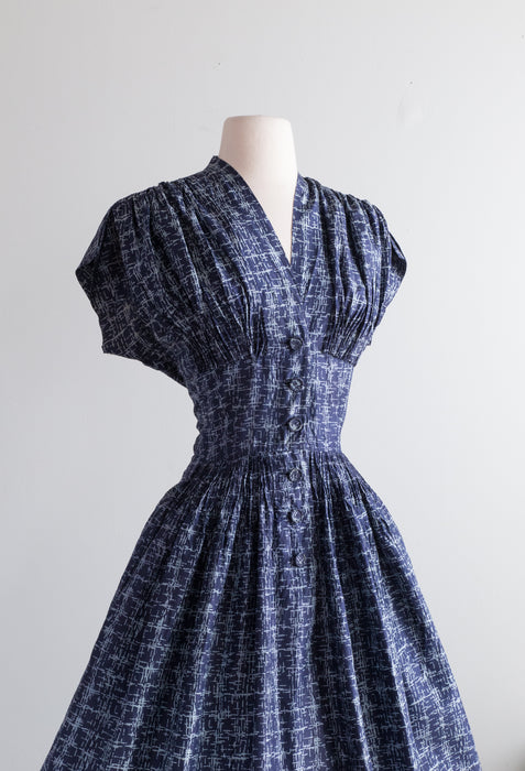 Gorgeous 1950's NEW LOOK Nettie Rosenstein Navy Silk Day Dress / ML