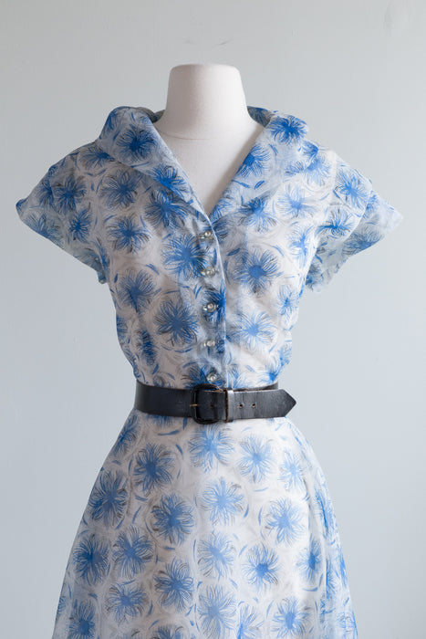Beautiful 1950's Sheer Blue Floral Day Dress With Rhinestone Buttons / Large