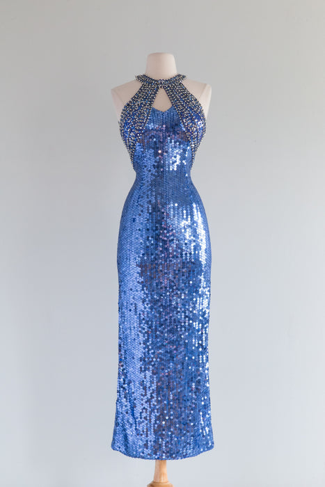Show Stopping Blue Sequined Siren Hourglass Evening Gown / Small