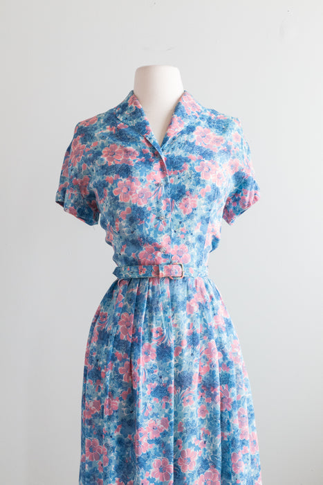 Beautiful 1950's Pink & Blue Floral Print Day Dress / ML