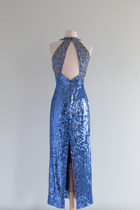 Show Stopping Blue Sequined Siren Hourglass Evening Gown / Small