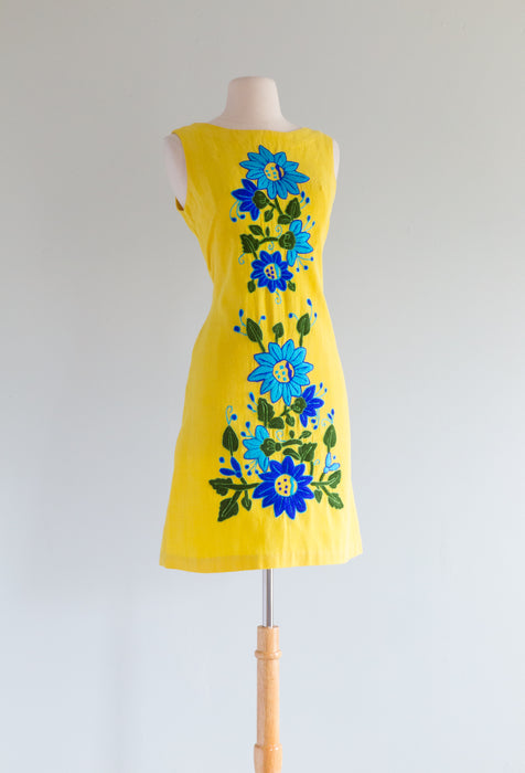 Fab 1960's Embroidered Yellow Shift Dress / Medium