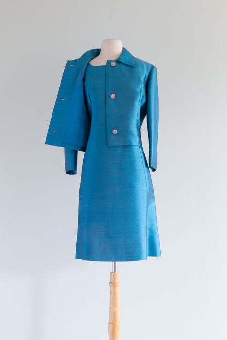 Gorgeous 1960's Cerulean Blue Silk Dress & Jacket Set / ML