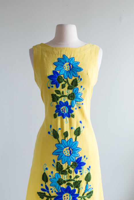 Fab 1960's Embroidered Yellow Shift Dress / Medium
