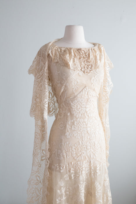 Exquisite Edwardian Period Ivory Lace Wedding Dress / Small