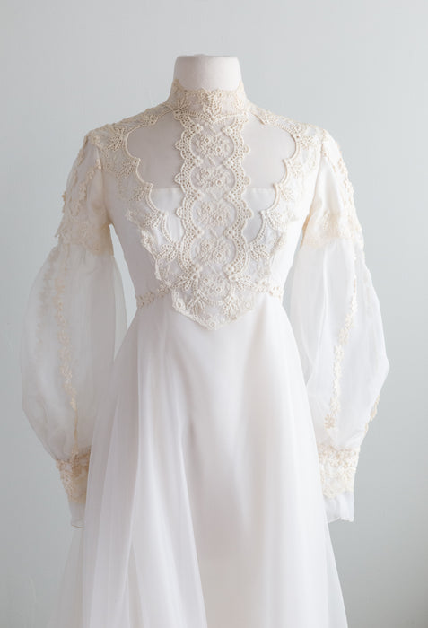 Romantic Edwardian Inspired 1970's Lace & Organza Wedding Dress / Small