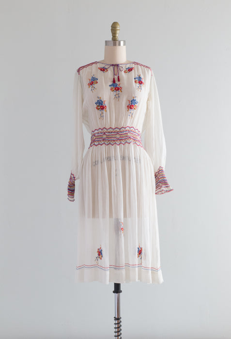 Rare 1920's Embroidered Hungarian Cotton Peasant Dress / Med.