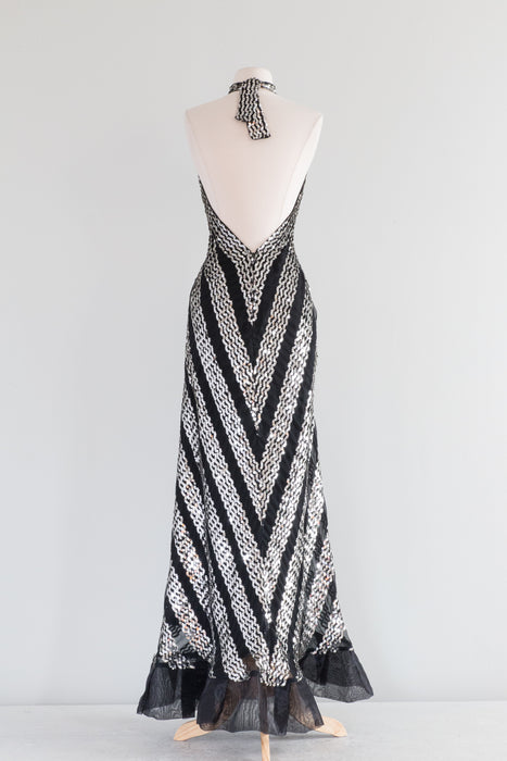 Fabulous 1970's Sequined Halter Dress With Open Back Mermaid Hem / Medium