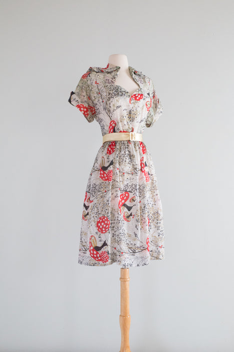 Rare 1940's Silk Mushroom Print Day Dress / Medium