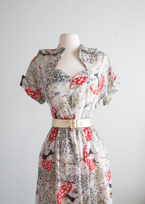 Rare 1940's Silk Mushroom Print Day Dress / Medium