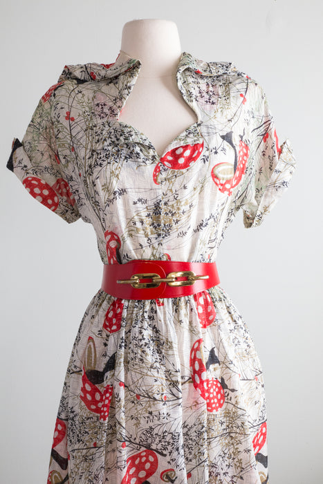 Rare 1940's Silk Mushroom Print Day Dress / Medium