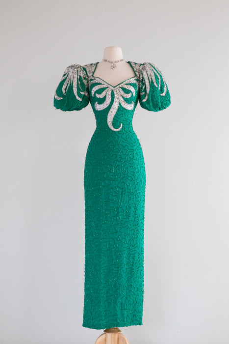 Fabulous 1980's SHOW STOPPING Emerald Green Beaded Evening Gown / SM