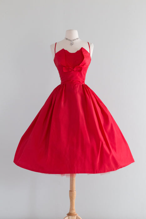 Stunning 1950's Cherry Red Taffeta Party Dress / Small