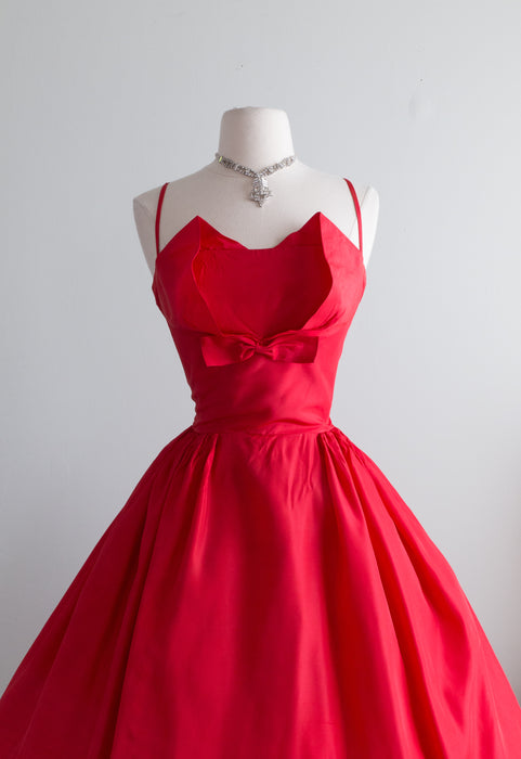 Stunning 1950's Cherry Red Taffeta Party Dress / Small