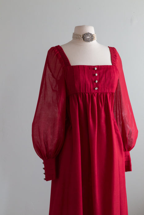Fabulous 1970's Crimson Red Maxi Dress With Bishop Sleeves / Small