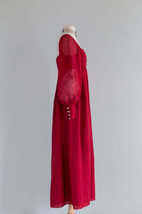 Fabulous 1970's Crimson Red Maxi Dress With Bishop Sleeves / Small