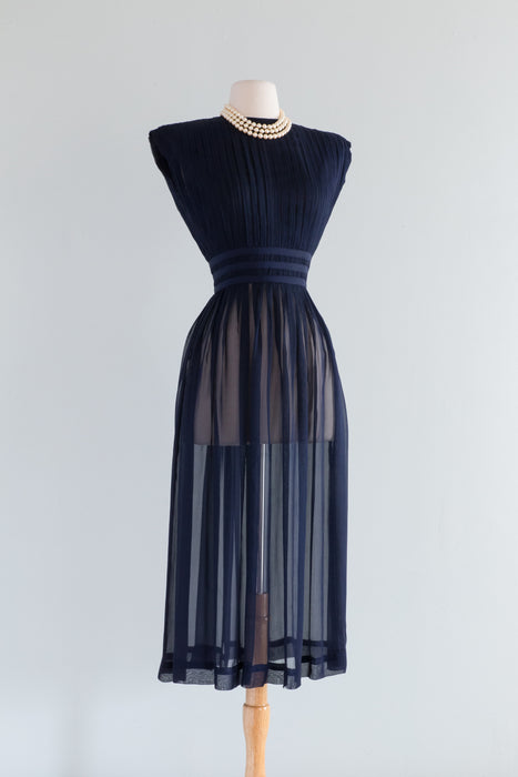 Gorgeous 1940's Midnight Blue Pleated Dress / Small