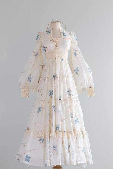 Rare Ethereal 1970's Floral Print Gunne Sax Corset Bodice Gown With Bishop Sleeves / s