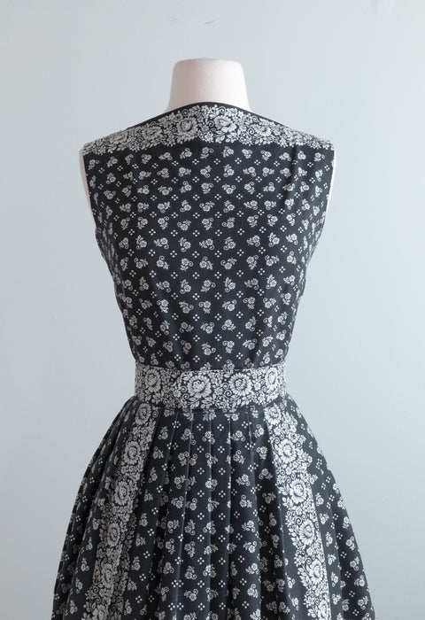 Elegant 1960's Calico Print Cotton Maxi Dress / Medium