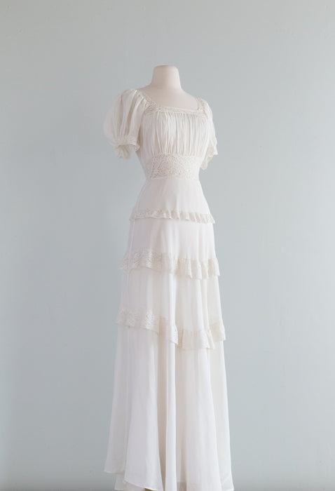 Ethereal 1930's Chiffon Wedding Gown With Puffed Sleeves / Med.