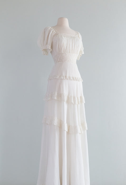 Ethereal 1930's Chiffon Wedding Gown With Puffed Sleeves / Med.