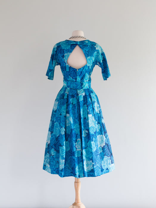 Stunning 1950's Suzy Perette Blue Rose Print Silk Occasion Dress / Small