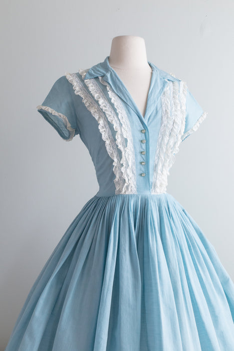 The Prettiest 1950's Cotton Voile & Lace Dress By Casino of California / Small