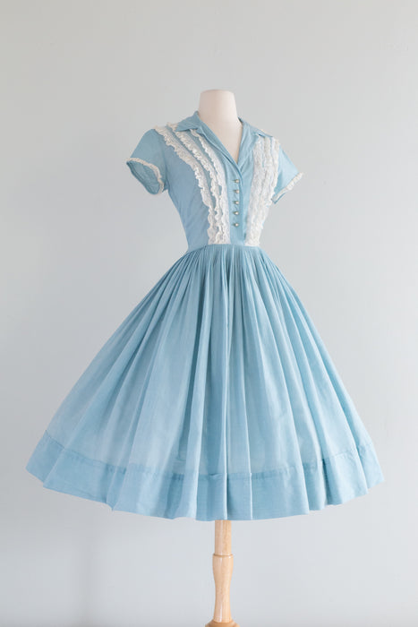 The Prettiest 1950's Cotton Voile & Lace Dress By Casino of California / Small