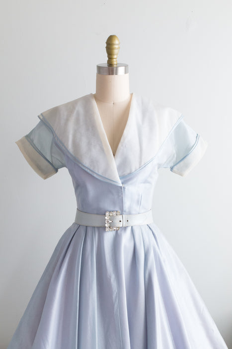 1950's Crystal Blue Silk Organza Party Dress With Shawl Collar / SM