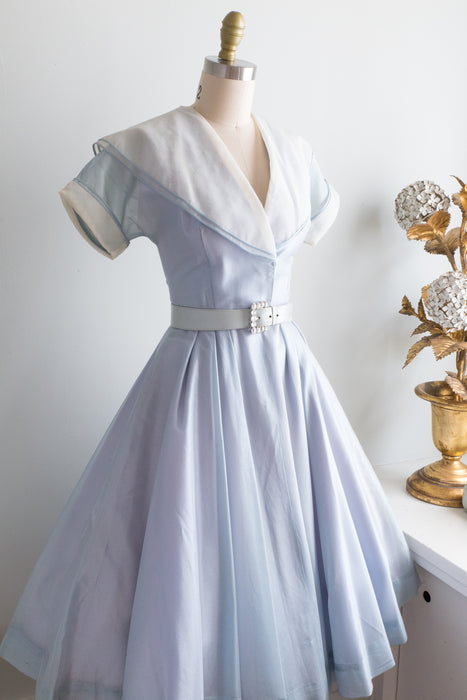 1950's Crystal Blue Silk Organza Party Dress With Shawl Collar / SM