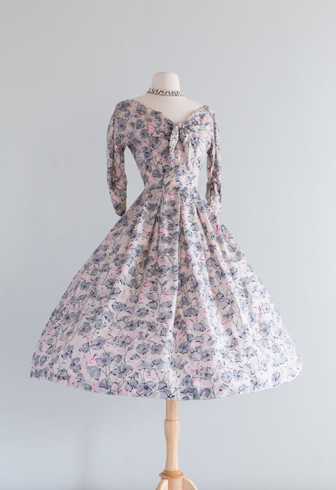 Stunning 1950's Suzy Perette Pink & Grey Print Silk Party Dress / Small
