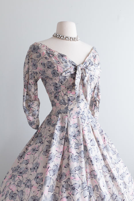 Stunning 1950's Suzy Perette Pink & Grey Print Silk Party Dress / Small