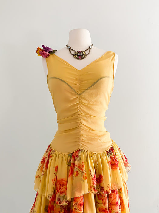 Gorgeous 1920's Silk Chiffon Rose Print Dress / XS