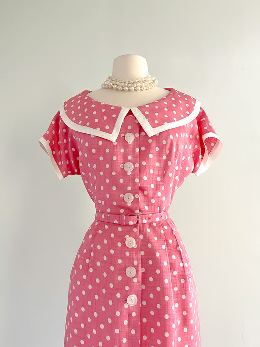 1950's Pink Polka Dot Wiggle Dress / Waist 28”