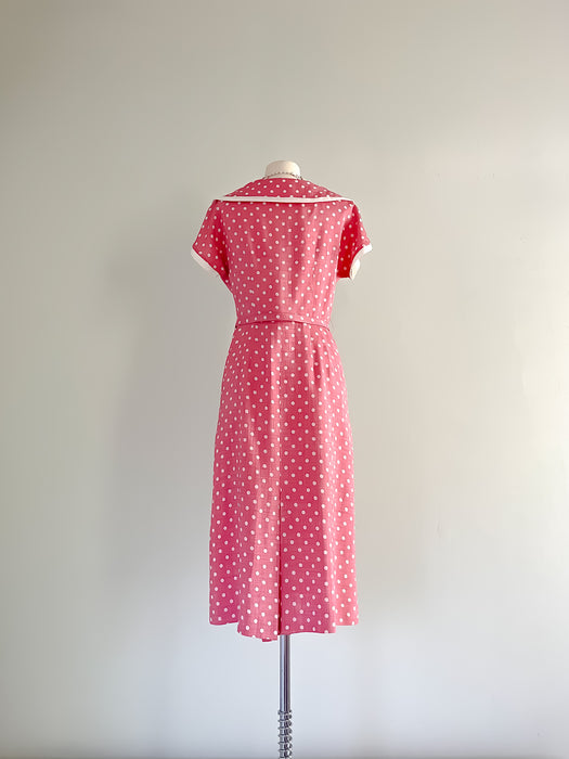 1950's Pink Polka Dot Wiggle Dress / Waist 28”