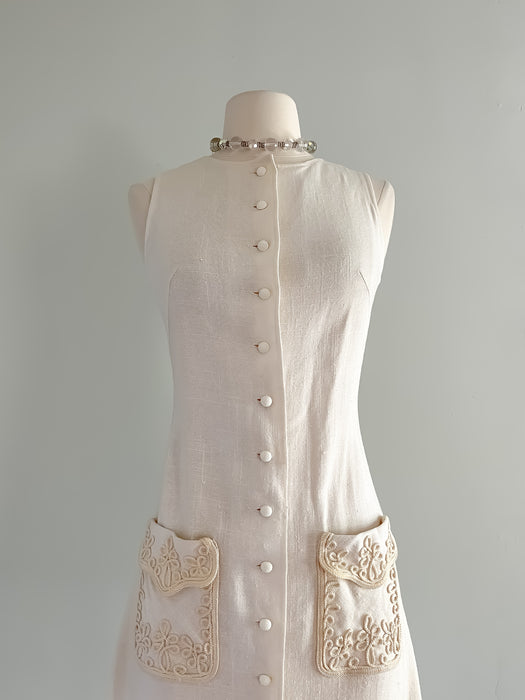 Perfect 1960's Gay Gibson Cream Linen Mini Dress / Sz S