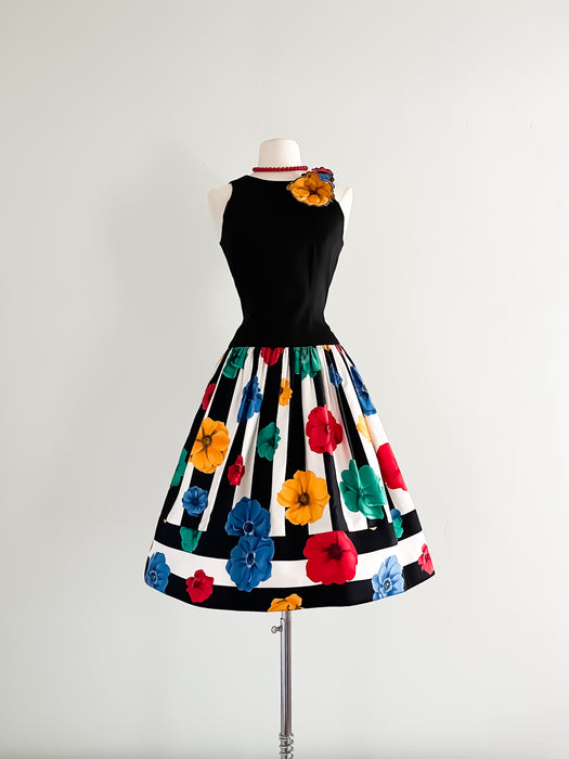 1980's AJ Bari Striped Poppy Print Party Dress / Sz S