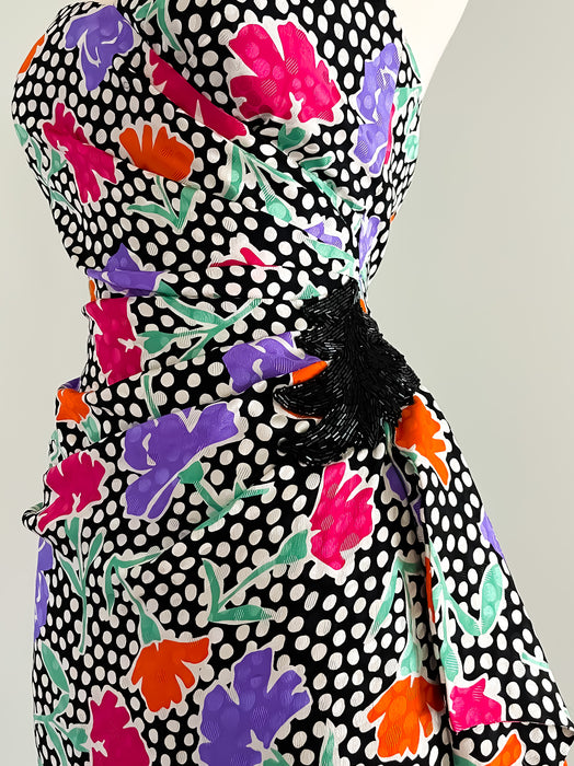 1980's AJ Bari Polka Dot Floral Print Party Dress / Sz M